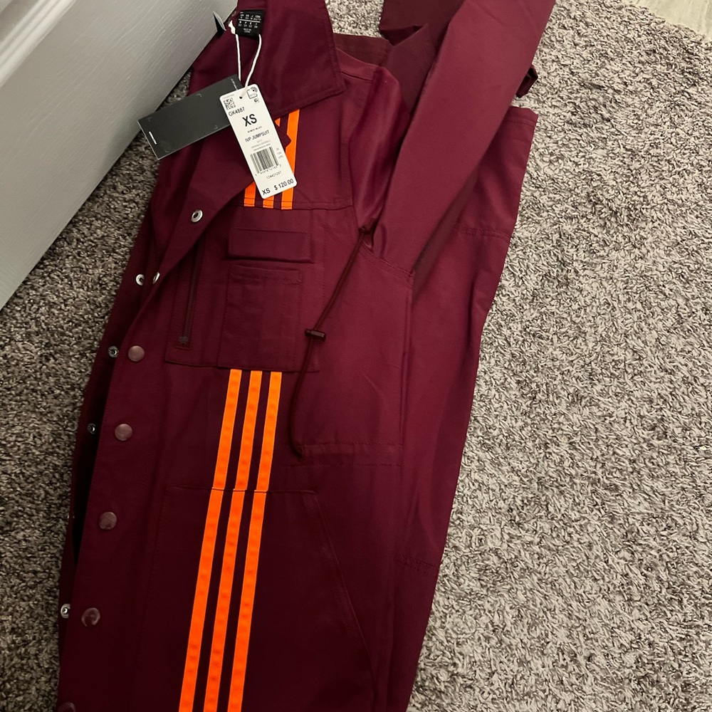 Ivy Park Burgundy Jumpsuit with Orange Adidas 3 Stripes
